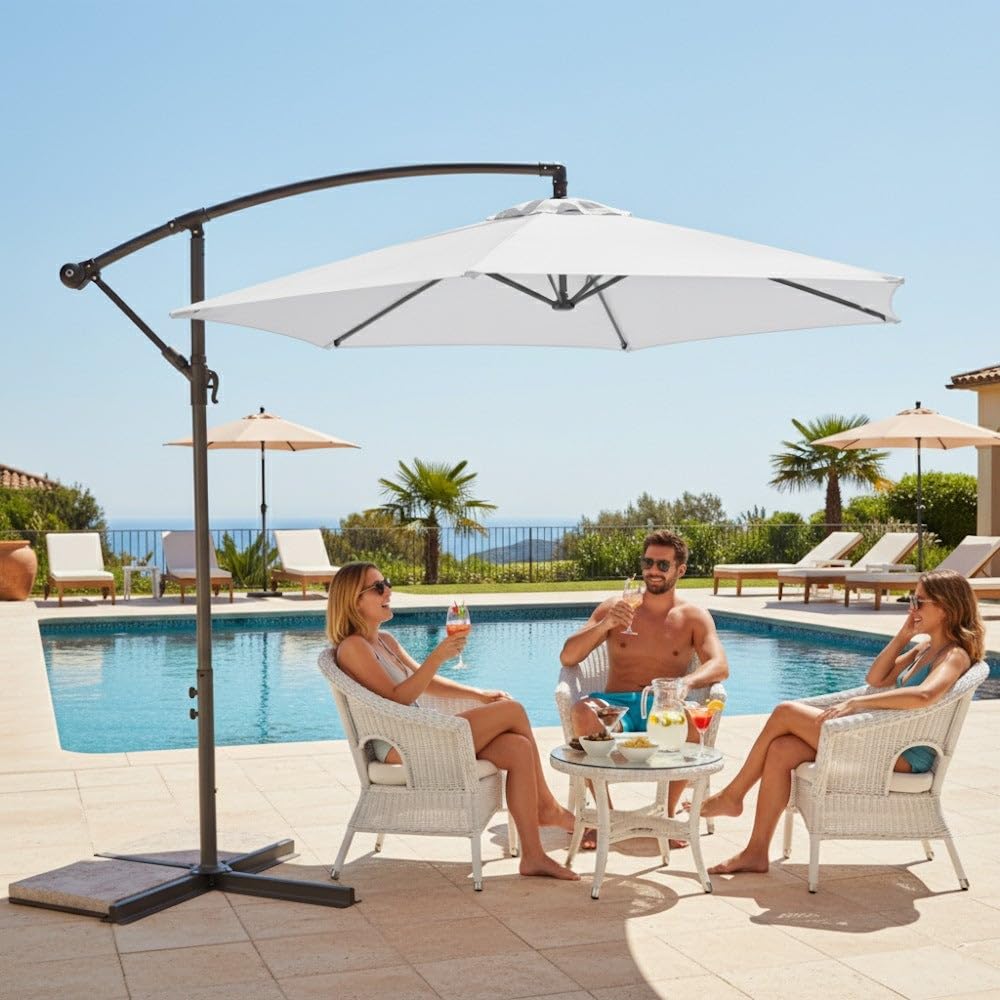 MONTY Parasol excéntrico de Ø300 cm, mástil Ø48mm de Acero Gris, con Antiviento y Manivela, Giratorio 360º, Elegante y Duradero, tratamiento Anti-corrosión, para Exterior