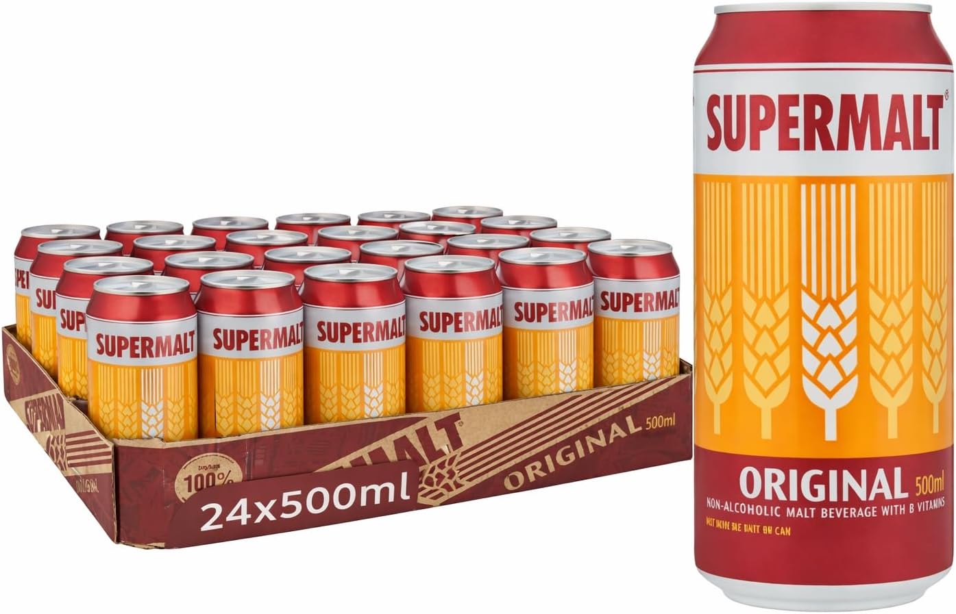 Supermalt Original Non-Alcoholic Vegan Malt Drink with B Vitamins 4 x 330ml (Pack of 6)