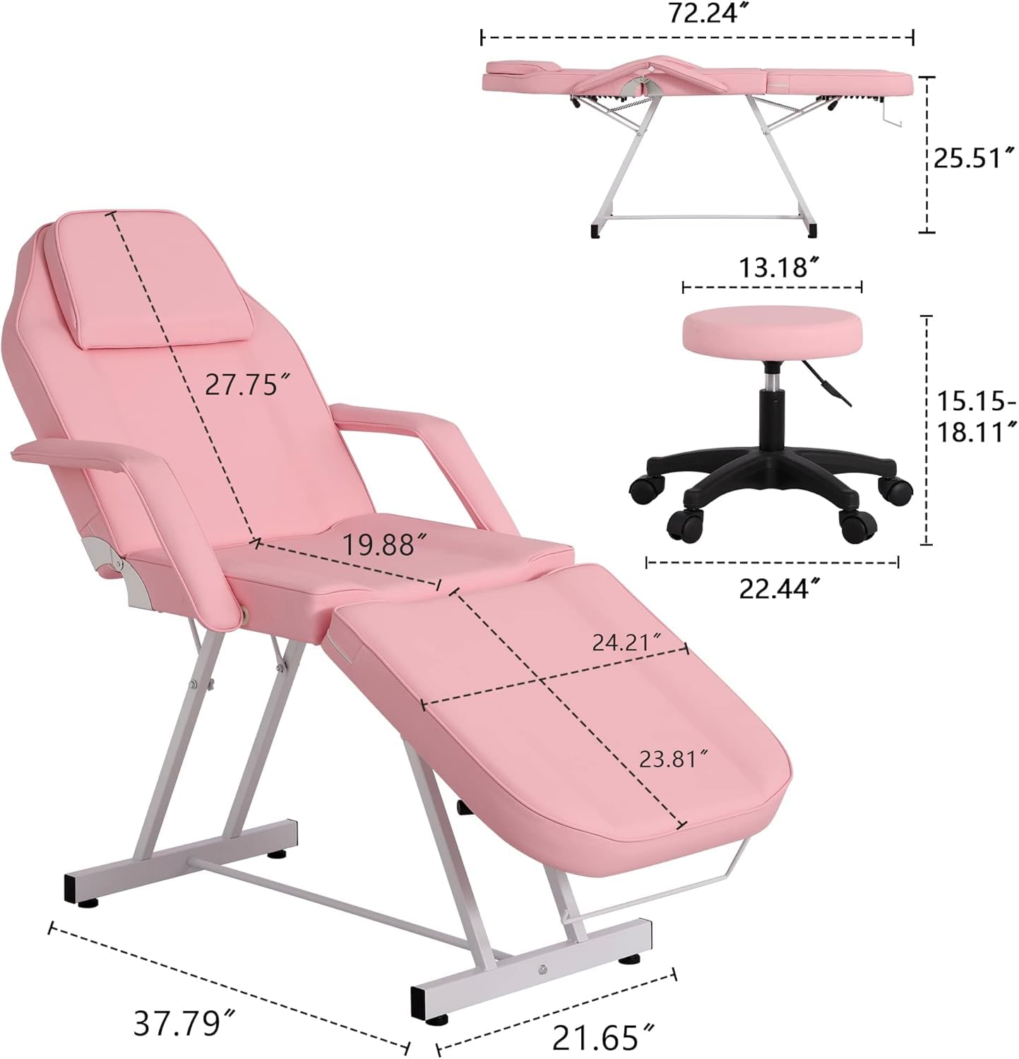 Table de Massage avec Tabouret Lit Massage Pliante 3 Zones Rose | en Cuir PU avec l’Appui-Tête Amovible Accoudoirs Réglables Lit Esthéticienne Physiothérapie, Tattoo