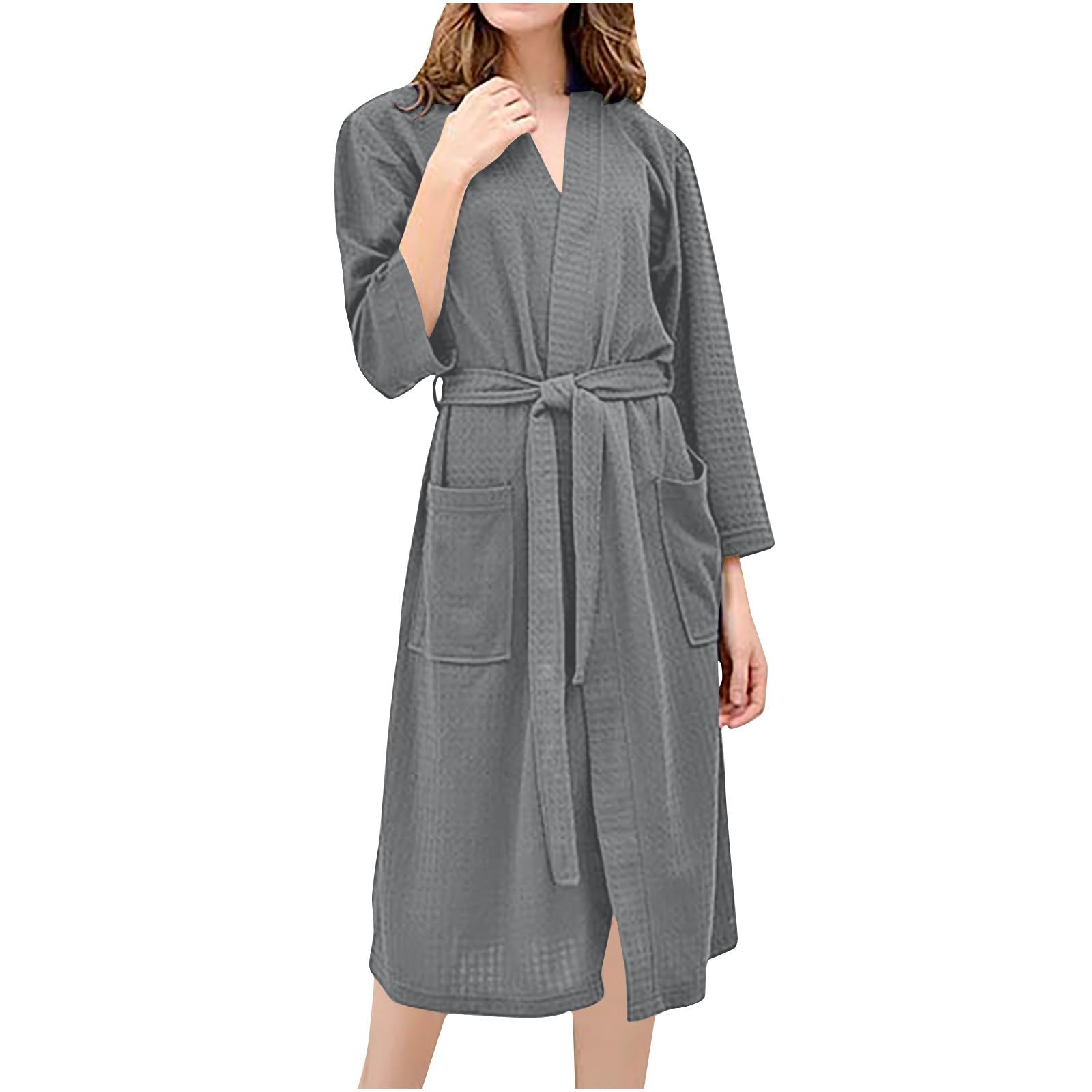 Robes for Women Waffle Knit Bathrobe Soft Lightweight Belted Kimono Robe Full Length Casual Loungewear with Pockets