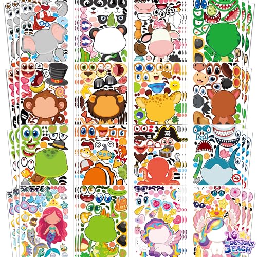 Stickers for Kids - 48 Sheets 8.6 X 5.8 Party Favors Animal Make a face Stickers Crafts Goodie Bags Stuffers Activities Gifts for Kids Toddler Grandkids Birthday School Classroom Supplies