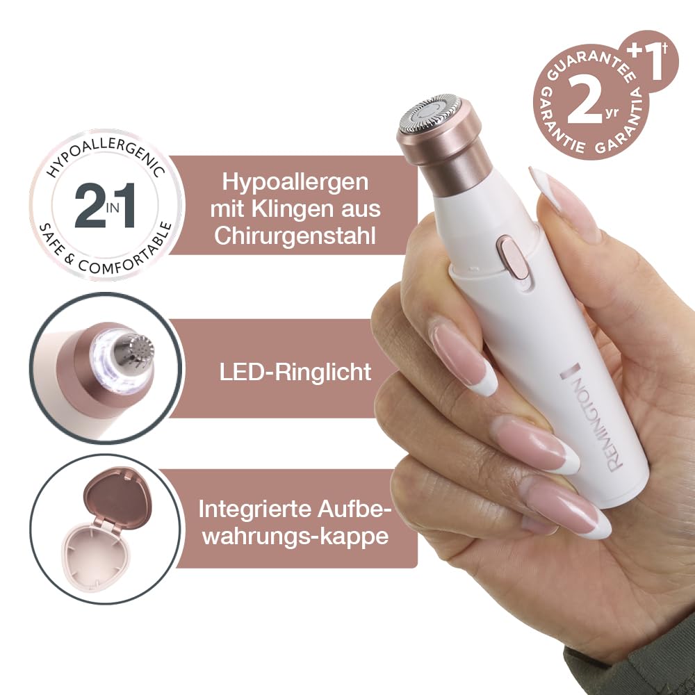 Remington Gesichtshaarentferner [2-in-1: Elektrischer Gesichtshaar Rasierer & Augenbrauentrimmer] BareMe (Haarentfernung Oberlippe,Kinn & Wangen,Wasserfest,LED-Licht,USB-C,Bürste,Schutzkappe) WFS200