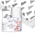 100% Organic Cotton Fitted Travel Crib/Playard Sheets for Guava Lotus, Dream on Me, Baby Joy and All 24 x 42 Pads/mattresses. Safety Strap Holes in Corners. 2 Pk, Clouds and Stripes