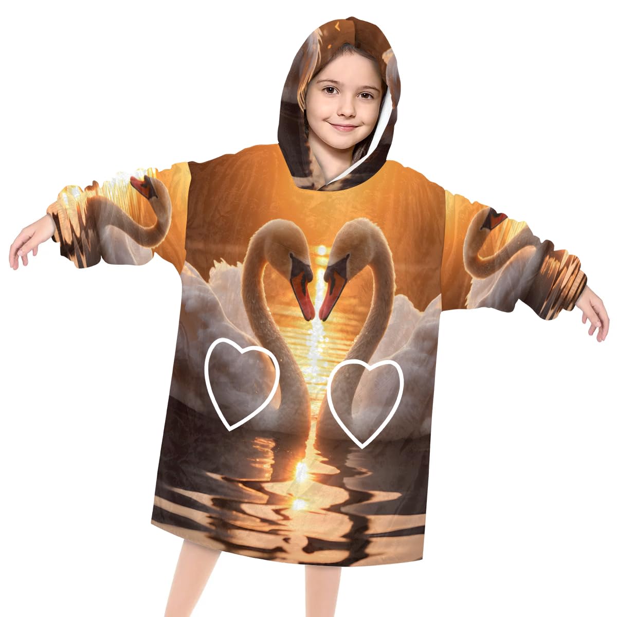 Wearable Blanket Hoodie for Kids, Cartoon Swan Fleece Sweatshirt Blanket Oversized Blanket Sweatshirt with Pocket Flannel Warm Hooded Blanket 6-10 Year Old Girl Boy Gift, One Size