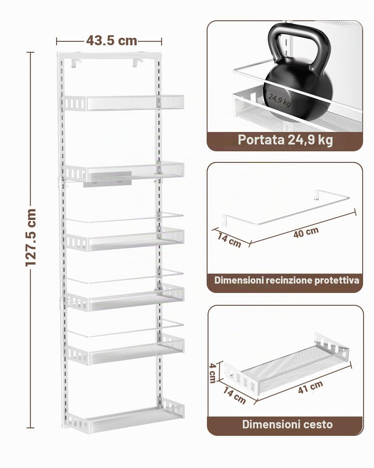 Scaffale di Stoccaggio Sopra la Porta, 6 Livelli Regolabili Organizzatori Dietro la Porta per Ogni Livello, Porta Posteriore in Metallo Appendiabiti per Spezie per Cucina Dispensa Bagno, Bianco