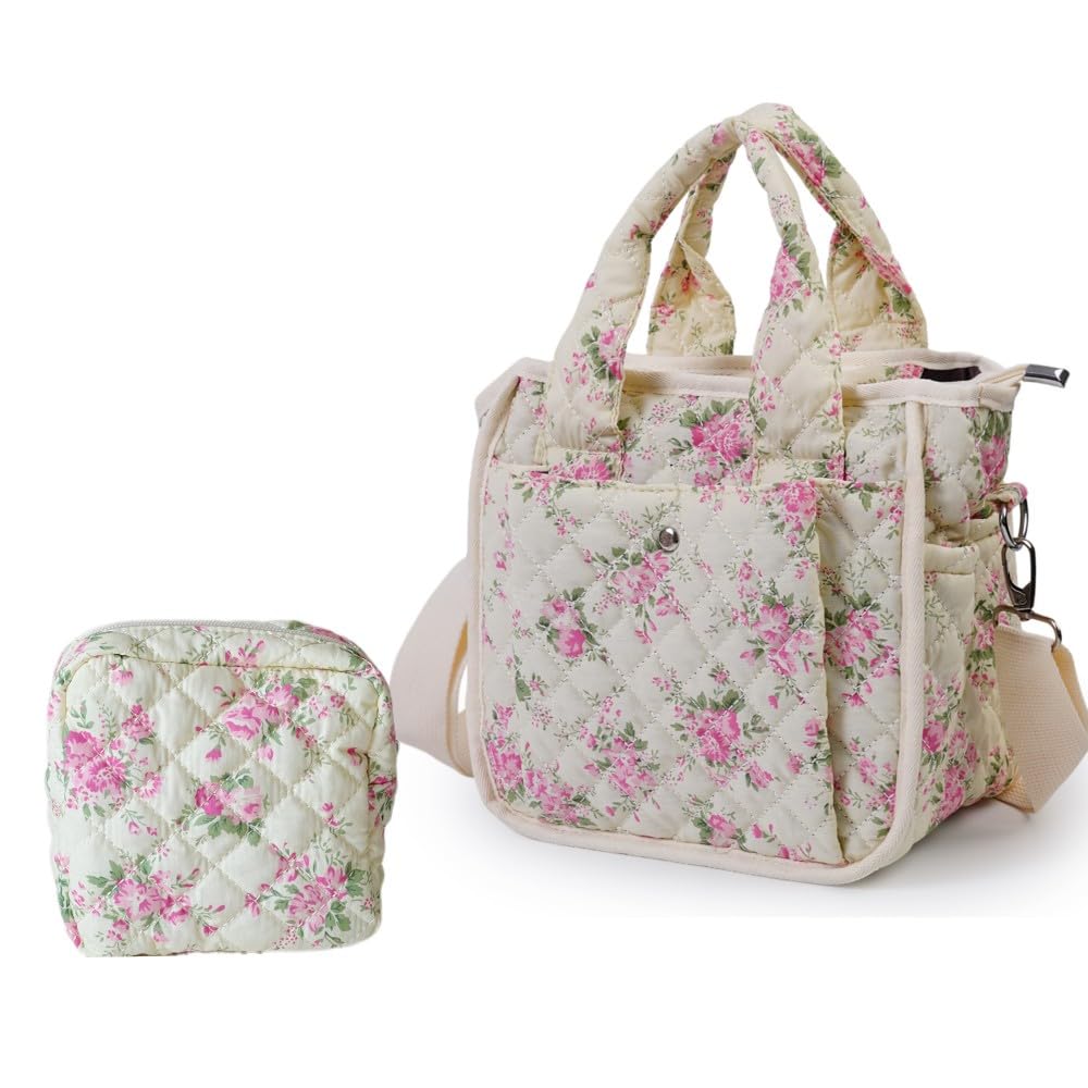 Floral Quilted Tote Bag for Women, Cute Crossbody Shoulder Purse with Pockets, Everyday Handbags, PinkFower/828Set