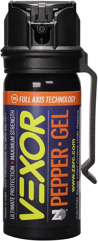 VEXOR Pepper Gel from Zarc, Maximum Strength Police Pepper Spray, Gel is The Future, Full Axis Technology Shoots from Any Angle 18-feet, Flip-top Safety
