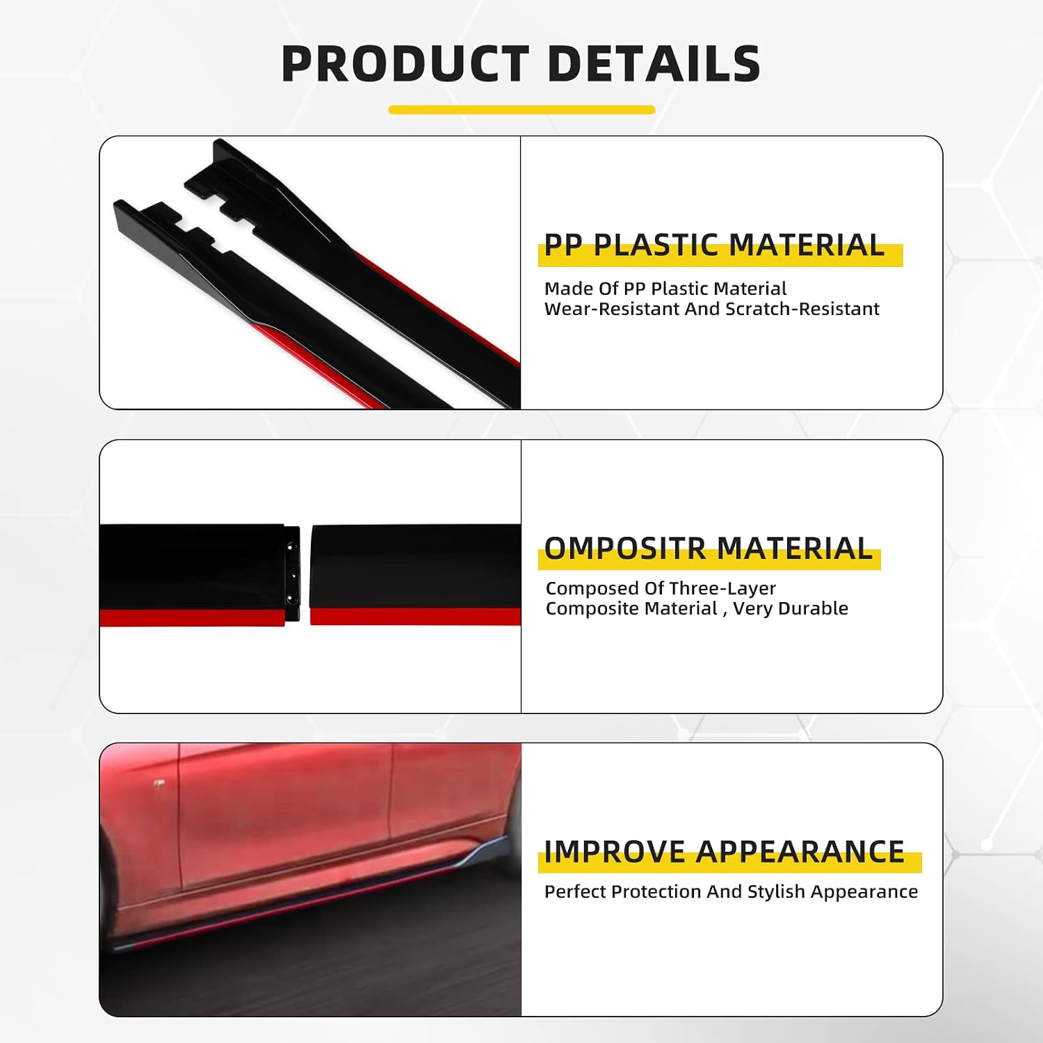 78-3/4" Universal Car Side Skirt Wide Body Kit 200CM Extension Rocker Panel Splitters,Black+Red Line B
