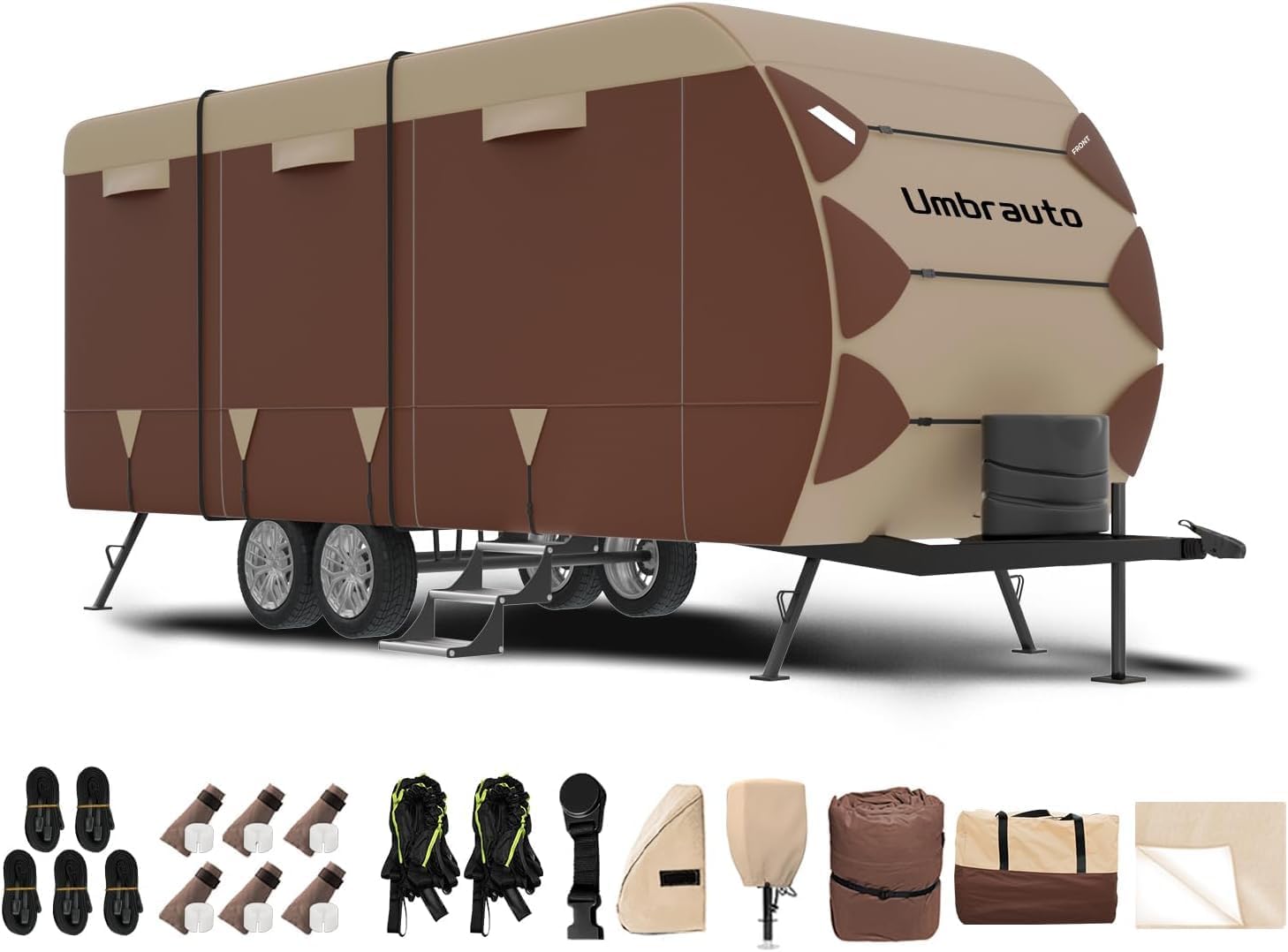 Umbrauto 300D Oxford Cloth Travel Trailer RV Cover 35-38ft, Waterproof Ripstop for Winter Snow with Tongue Jack, Extra Windproof Ropes, Fits Toy Hauler