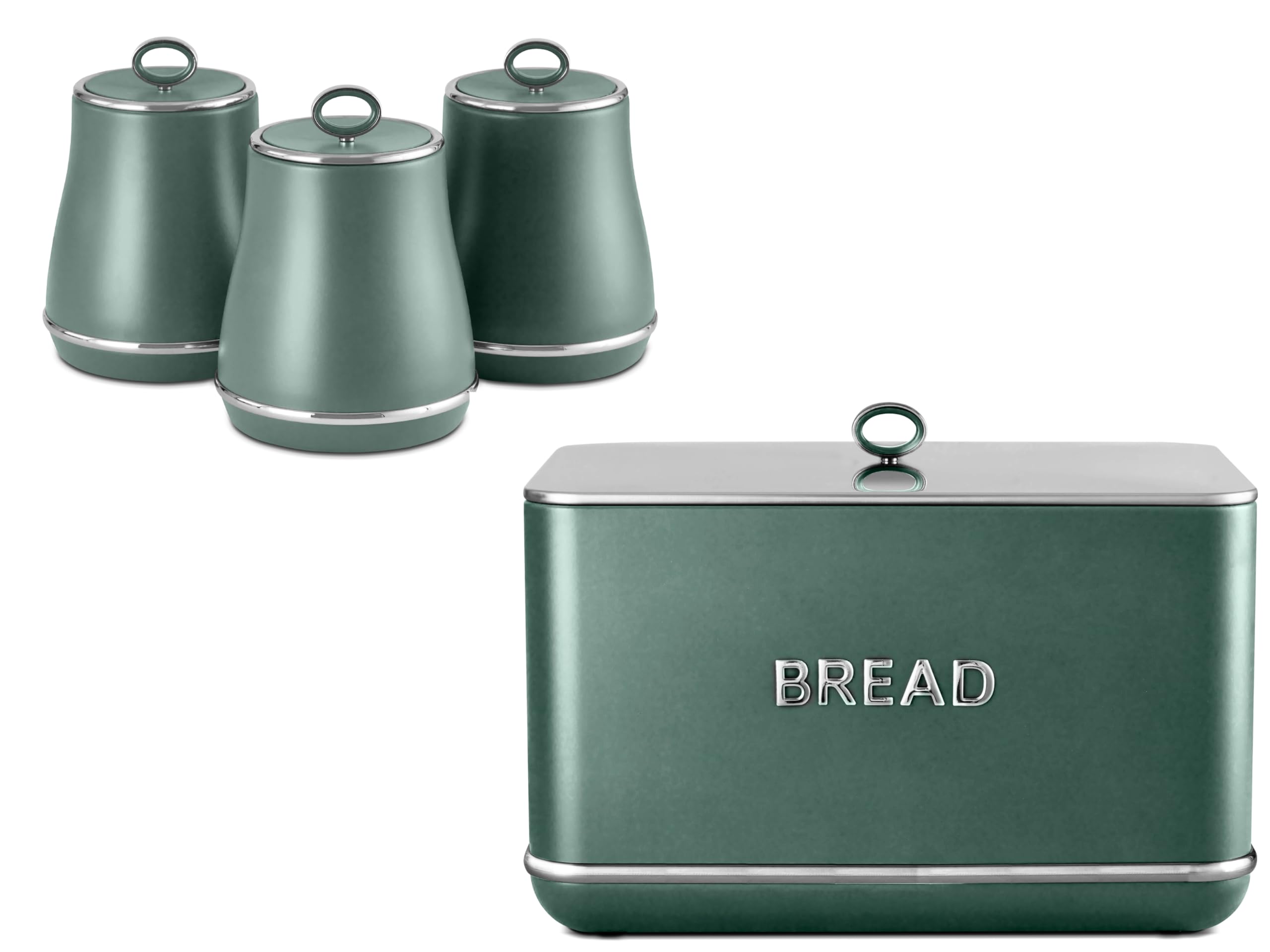 Tower Renaissance Forest Green Breadbin and Tea, Coffee, Sugar Canisters. Contemporary Matching Kitchen Storage Set in Green with Chrome Accents