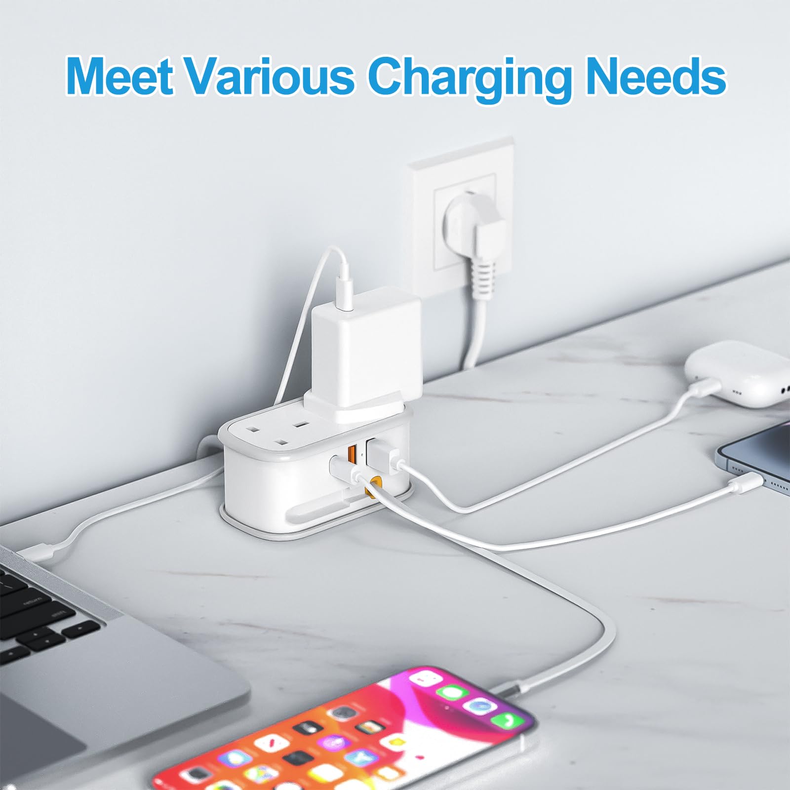 UK to European Plug Adapter with 1.5M Extension Cable, BEVA 2 Way 3 USB (2A+1C) Travel Adapter with Retractable USB C Cable for Germany France Spain Turkey Greece Iceland etc (Type E/F) — view 4