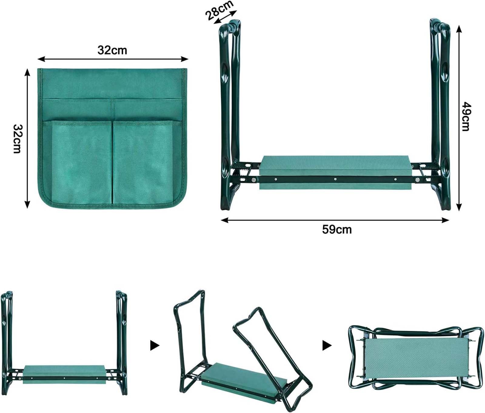 Gartenhocker Kniestuhl Kniebank für gartenarbeit Kniekissen Gartenbank 2 in 1 mit Eva-Schaumkissen und Werkzeugtasche Kniestuhl Kniehilfe Arbeitshocker für Garten 57x44x30 cm (Grün Gartenhocker)