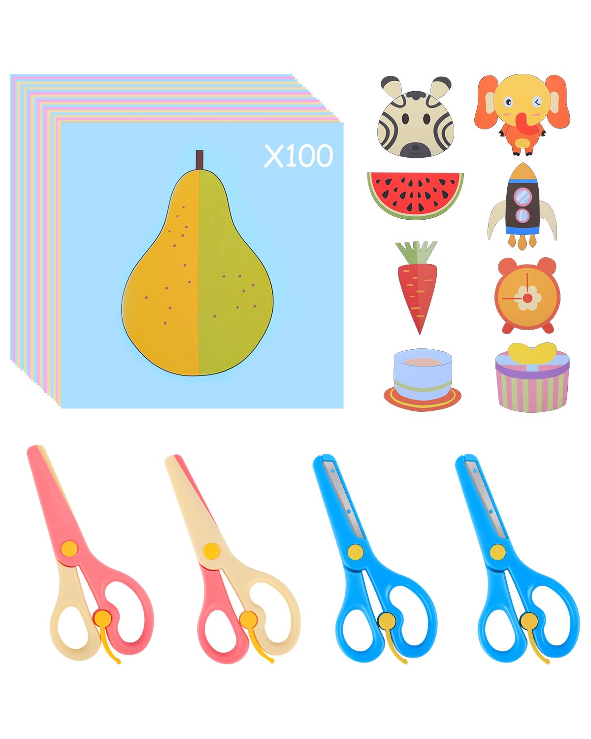 UCEC 104 Pcs Kids Safety Scissors Set - 4 Childrens Scissors for Crafting & 100 Colorful Kids Paper Cut-Outs, Preschool Training Scissor for Toddlers Ages 3-5, Art Supplies for Children
