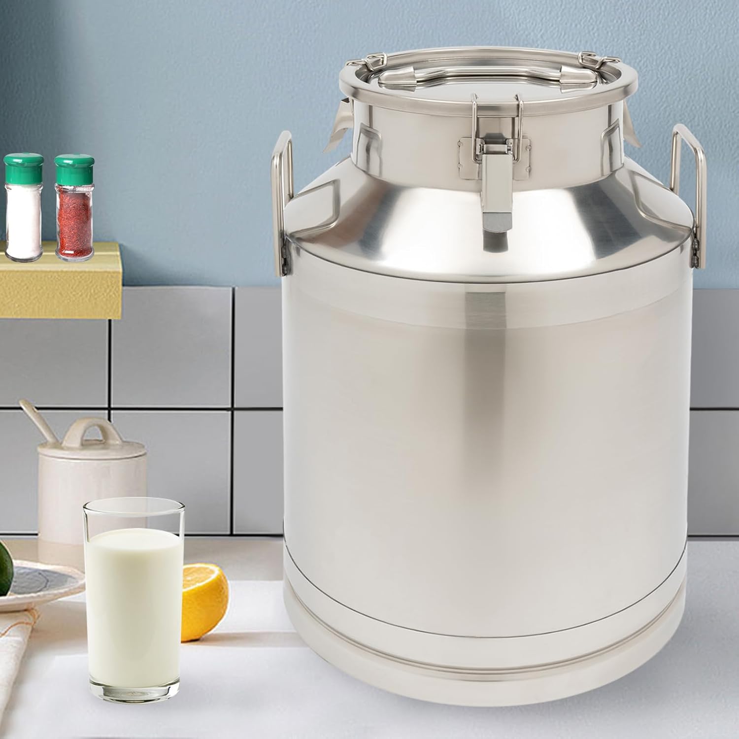 Milk Can Stainless Steel Milk Transport Cans Wine Pail Bucket Tote Jug Pot Oil Liquid Storage Barrel with 2 Handles, Heavy Duty Milk Bucket with Sealed Lid & Silicone Seals (50L/13.25Gal)