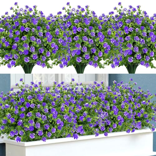 Image of Bassion Artificial Flowers for Outdoors Decoration UV Resistant, Purple | faux plants, fake plastic eucalyptus, greenery stems, indoor outdoor use, Garden fence patio window box porch planter decor