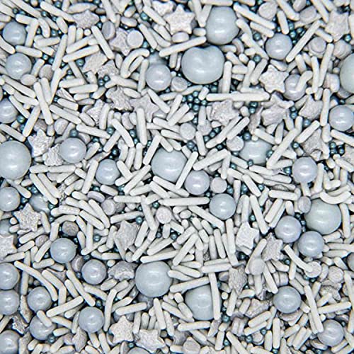 Silver Sprinkles for Cake Decorating, Cookie, and Cupcake Baking - Fancy Edible Silver Cake Sprinkles and Toppings in Silver Colored Candy Sprinkles with Silver Star Sprinkles, Jimmies, Pearls