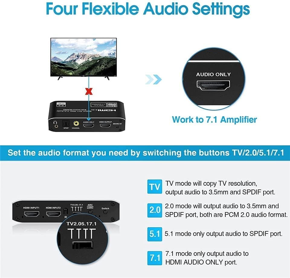 Image of Tobo 4K HDMI Audio Extractor Splitter, HDMI to HDTV + Optical Toslink SPDIF + 3.5mm Audio Jack + Coaxial + 7.1Ch HDMI Audio Support ARC and eARC Function-TD-909H.