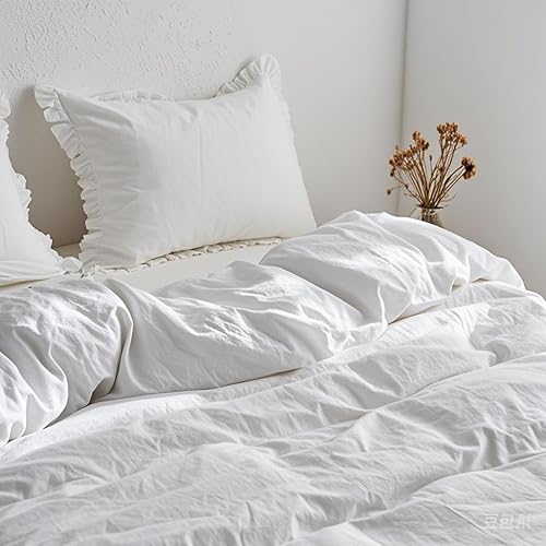 Miniatura 3 de Simple&Opulence - Juego de funda de duvet de 2 piezas, 100% lino lavado con volantes, 1 funda de duvet + 1 funda de almohada (Twin, blanco)