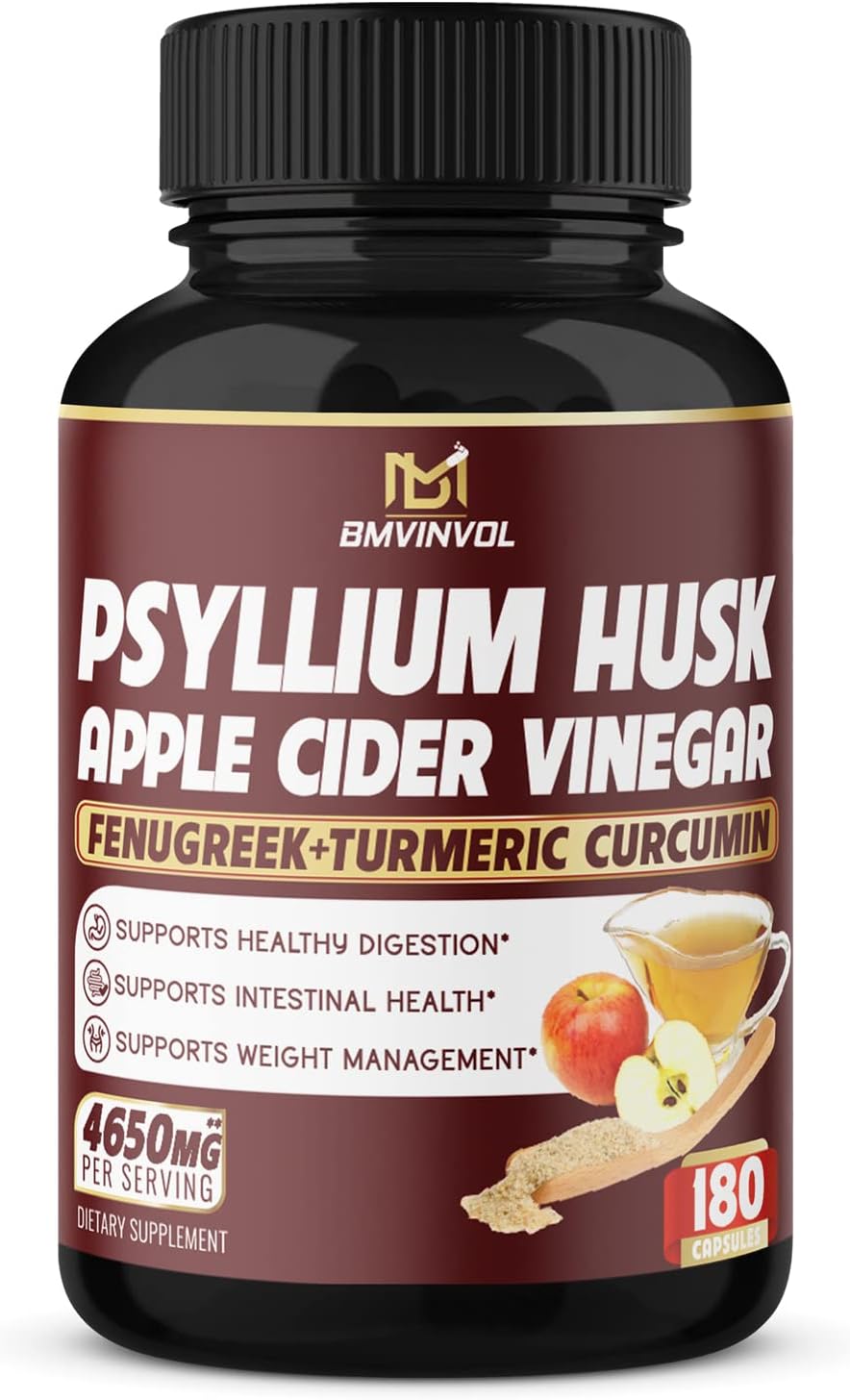 BMVINVOL Psyllium Husk Fiber Supplement 4650mg - Apple Cider Vinegar, Fenugreek - Supports Weight Management and Digestive Regularity - 3 Months Supply : Health & Household