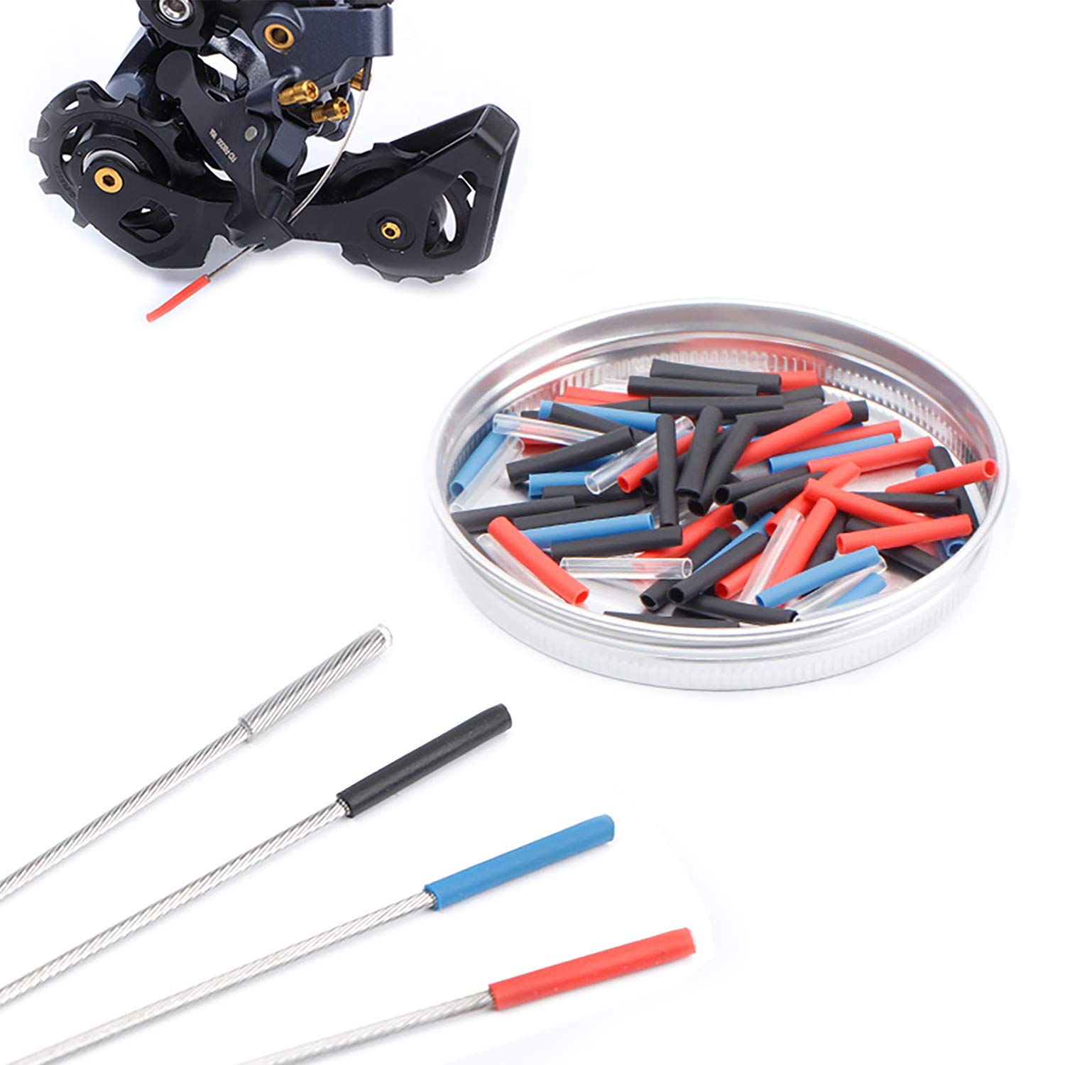 Farbetter 4 Color 80 PCS, Heat Shrinkage Brake Shift Cable Cap End Tips, Cable End Crimps, Bike Cable End Caps, 20 PCS for Each Color of Red Black Blue Transparent