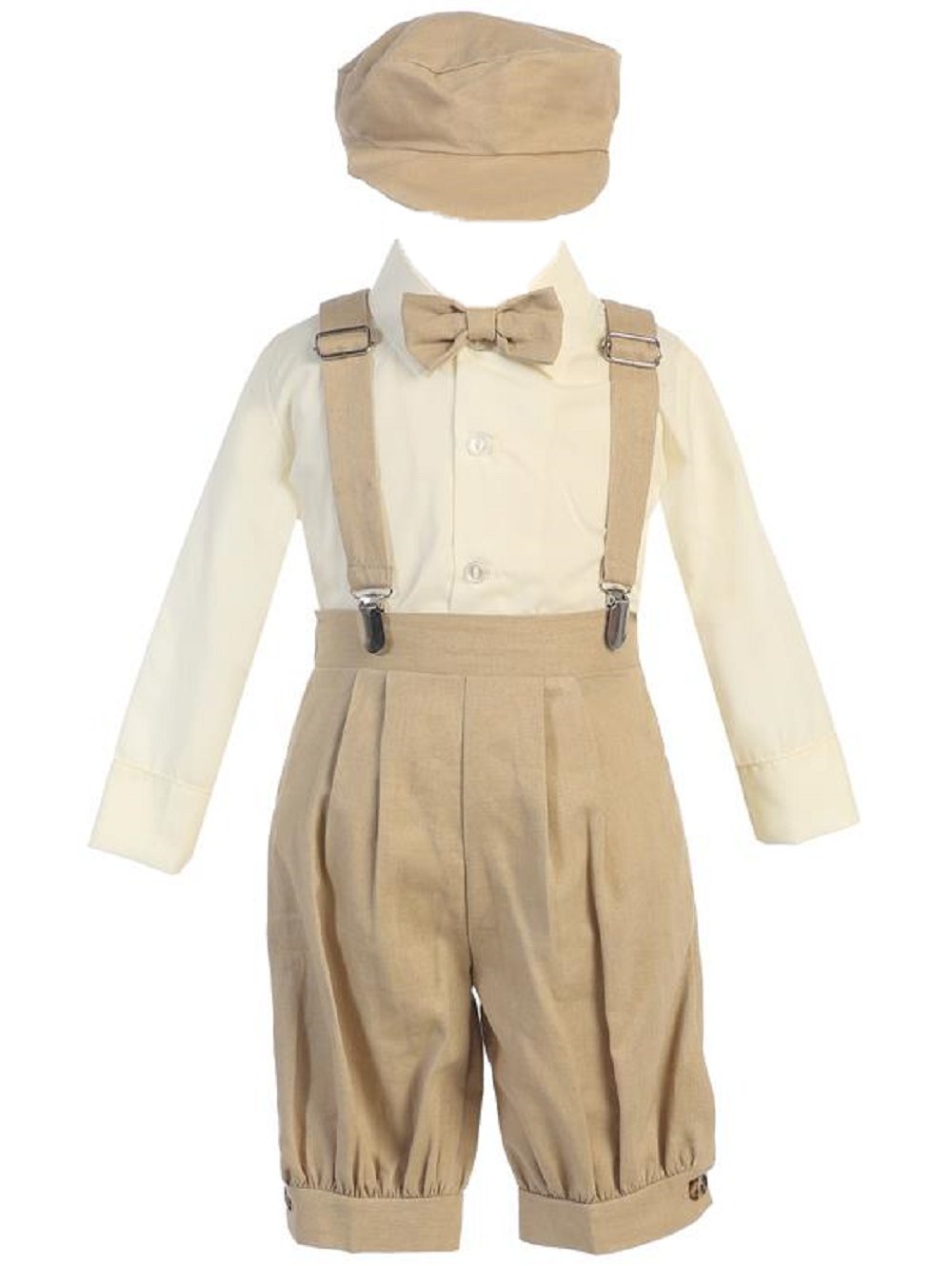 Lito Infant Toddler Boys Suspender Knickers with Long Sleeve Shirt and Hat (Khaki, 3-6 Months)
