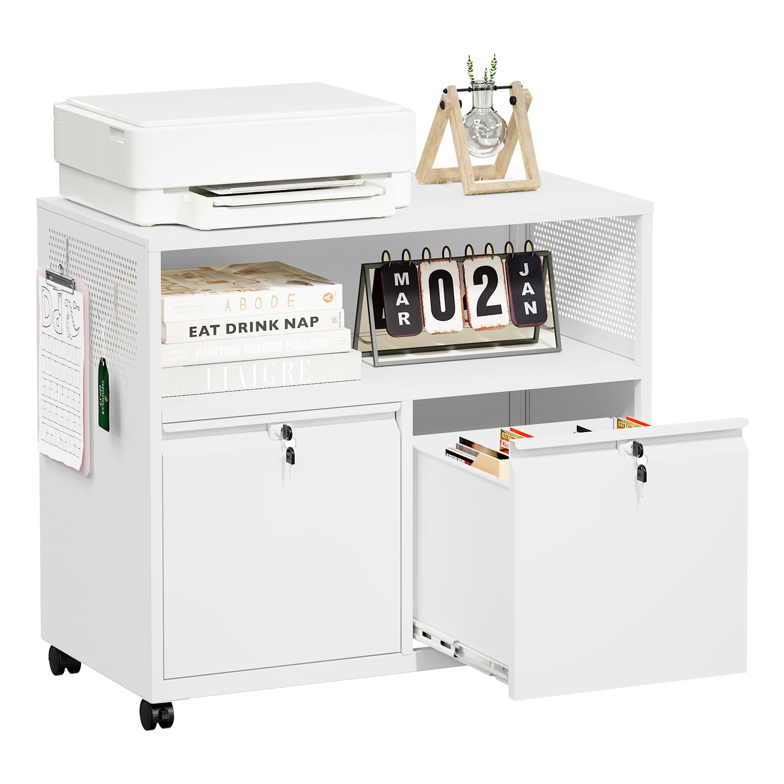 AFAIF 2 Drawer File Cabinet, Rolling File Cabinets with Lock, Under Desk Metal Filing Caninet with Wheels for A4 / F4 / Letter/File Box,