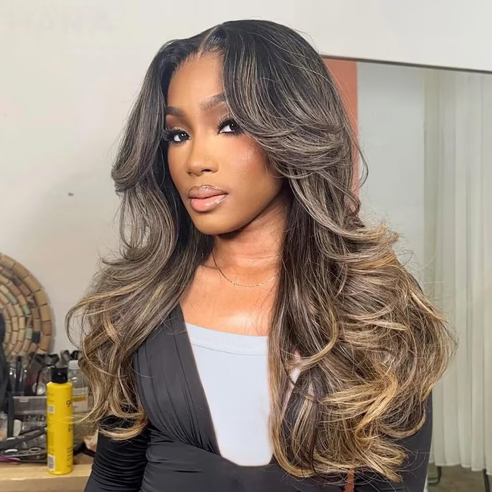 180% Density Inspried Layered Colored Honey Blonde Balayage HD Transparent 13X4 Invisible Lace Frontal Brazilian Human Hair Wig Pre Plucked Natural Hairline with Bleacked Knots for Women