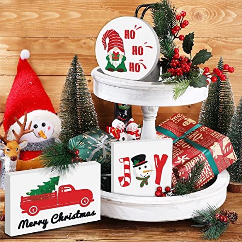 Christmas Decoration Wooden Christmas Tiered Tray Decor Christmas Trees Truck Joy Gnome Xmas Wood Block Sign Rustic Farmhouse Winter Holiday Tabletop Decor for Home Kitchen Shelf - 3 Pieces