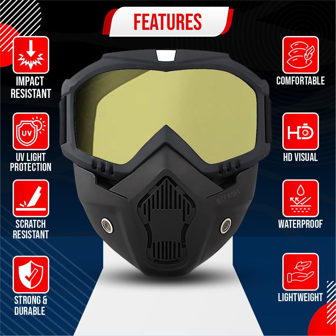 BTfash Goggle Mask Anti Scratch UV Protective Open Face & Eyewear Windproof Dirt Shield Adjustable Strap Soft Foam Padded Detachable for Cycling Bike Off Road Racing Riding Unisex (Yellow)