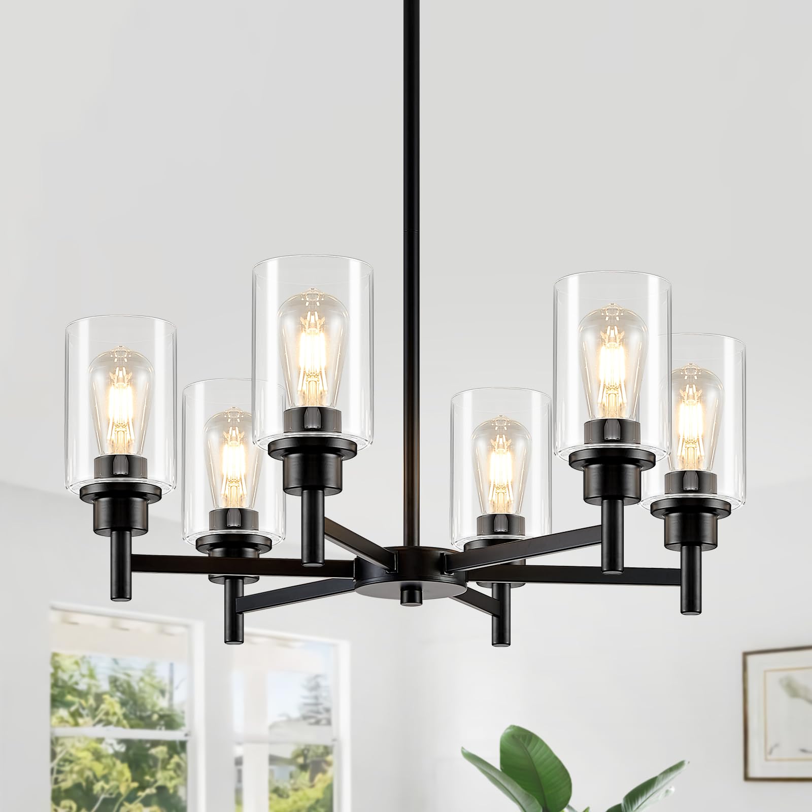Peblto Modern Black Chandeliers for Dining Room, 6-Light Chandelier Light Fixture with Clear Glass Shades, Metal Hanging Pendant Lighting for Living Room, Kitchen, Staircase, Entryway