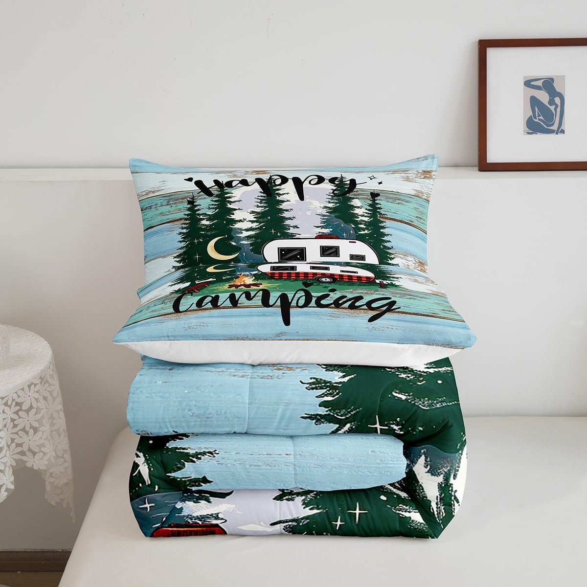 Feelyou Happy Camping Comforter Set Queen Size Kids RV Camping Comforter for Boys Girls Teens Western Farmhouse Bedding Set Wooden Duvet Set Tree Branches Quilt