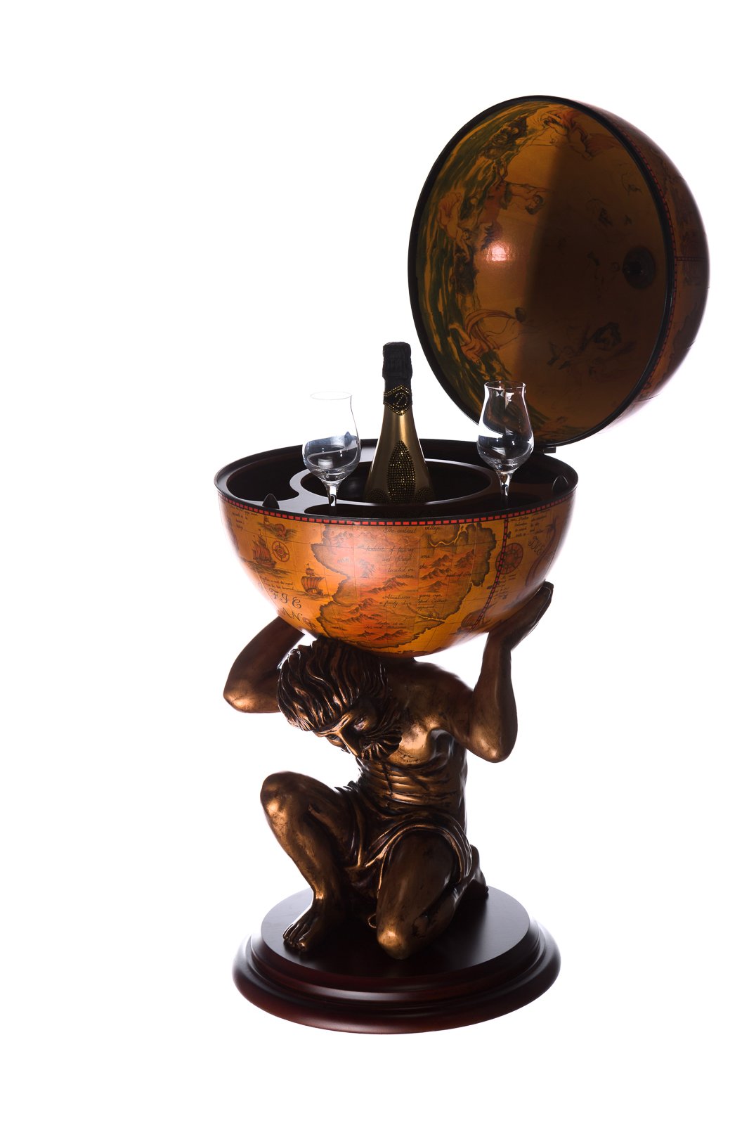 Chariot géant JG 42016R-GR, Figurine Exclusive Atlas, avec parquet en Eucalyptus Massif, Fond Brun Vieilli, Ouvert, Globe de 100 cm de Hauteur, Bar, Bar Maison, Cocktail Bar Globe