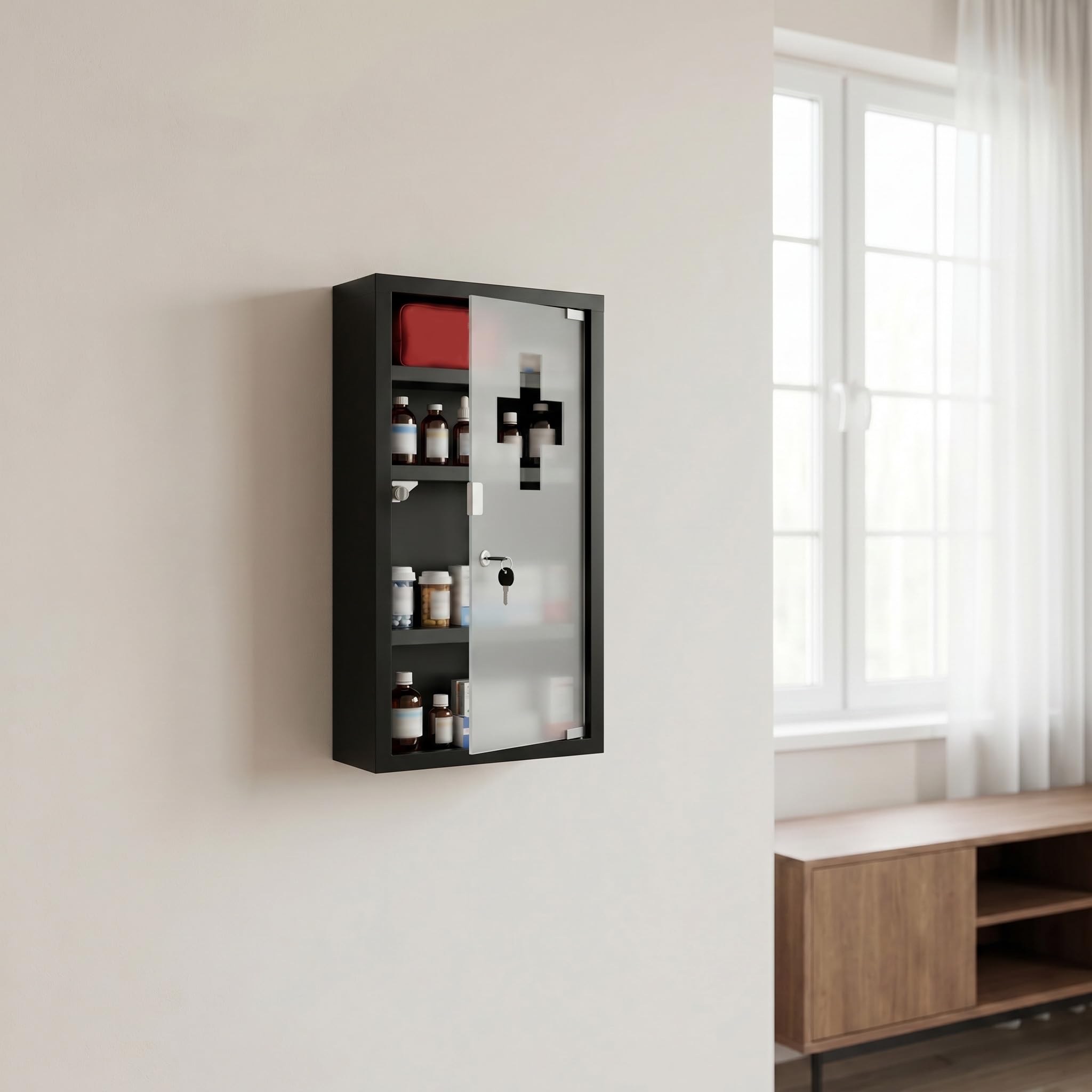 YRHome Armoire à Pharmacie en Acier Inoxydable, 4 Compartiments, Porte vitrée avec Serrure, Armoire à médicaments, secourisme, 57,5 x 30 x 12 cm - Noir