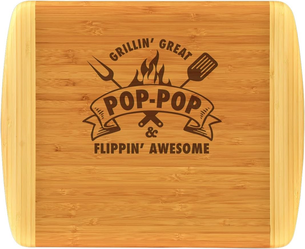 Pop Pop Gift – Grillin Great Flippin Awesome Engraved 2-Tone Bamboo Cutting Board Custom Made BBQ Grilling Fathers Day Birthday Christmas Grandpa Poppop Gift From Grandkids Grandchildren (11.5x13.5)