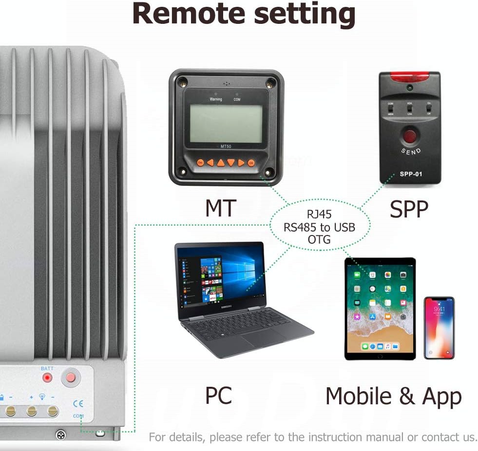 Diagram showing remote setting options for the EPEVER Tracer 3215BN controller, including MT (remote meter), SPP (wireless module), PC, and Mobile App connections.