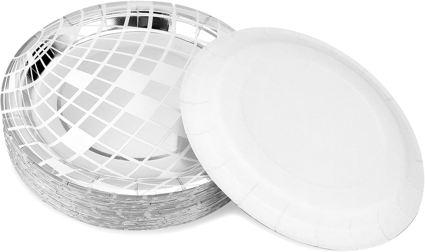 QWORK Silver Disco Ball Themed Party Plates - 7" Water-Resistant Paper Dinner Plates, 70s Disco Party Supplies Bachelorette Plates for Weddings, Birthdays, Bachelorette Parties, Pack of 50