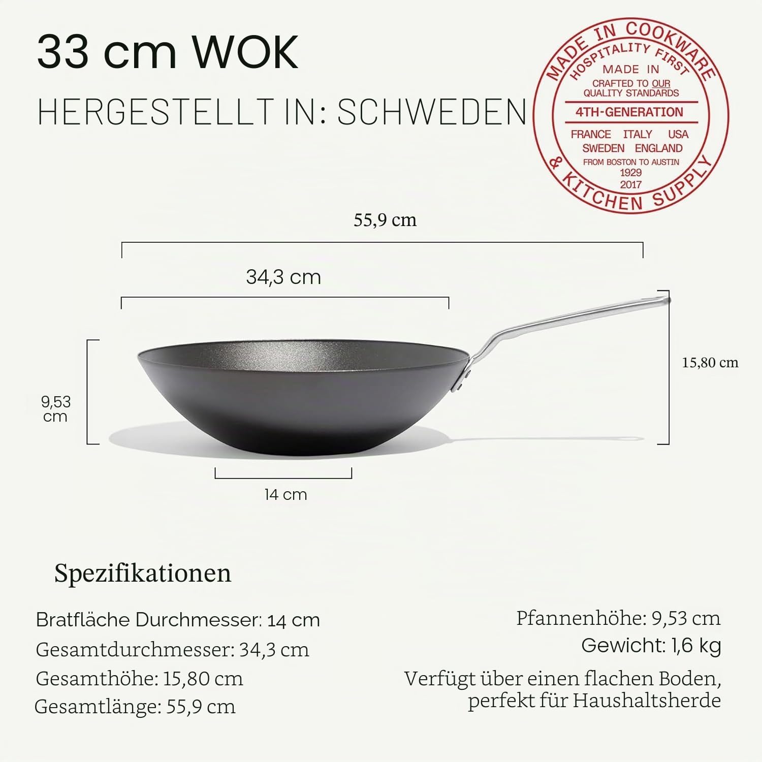 Made In Cookware | 33 cm gewürzter Wok aus Karbonstahl – (wie Gusseisen, aber besser) | Professionelles Kochgeschirr | hergestellt in Schweden | Induktionsgeeignet