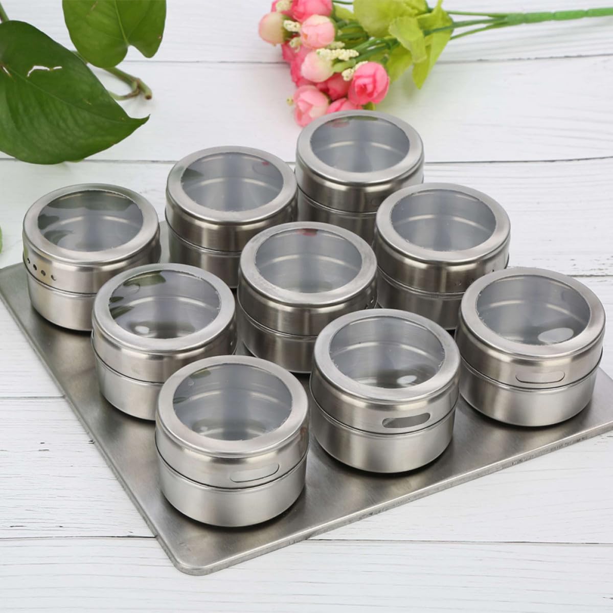Operitacx 9 Tarros de Especias de Acero Inoxidable con Imán y Ventana Visible para Almacenar Condimentos y Pimienta en Polvo, Paquete de 9 Piezas para Uso en Cocina y Hogar