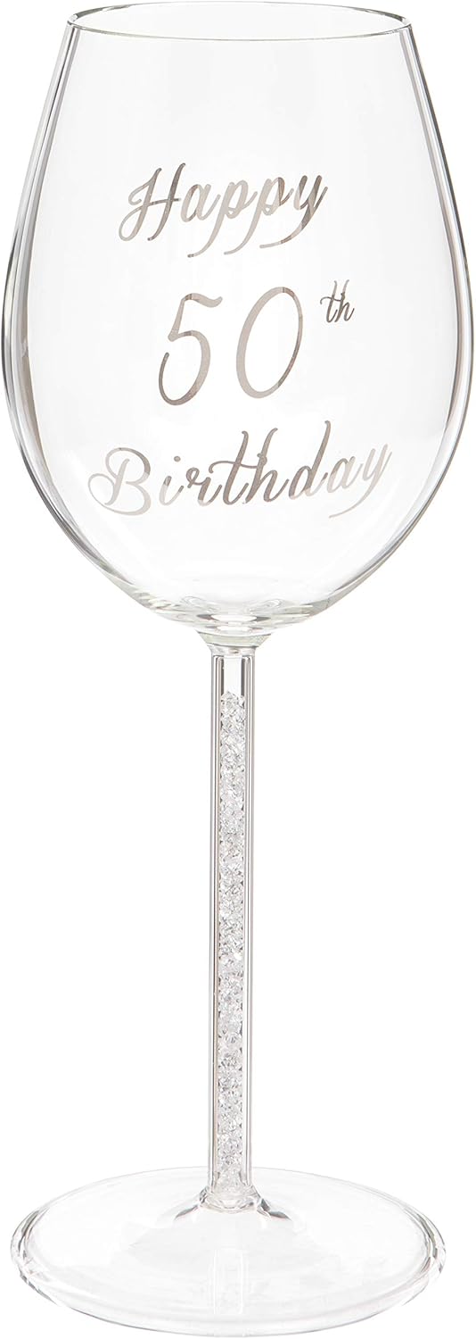 Maturi Happy 50th Birthday Wine Glass with Silver Diamond Stem - 400ml / 13.5 Fluid Ounces