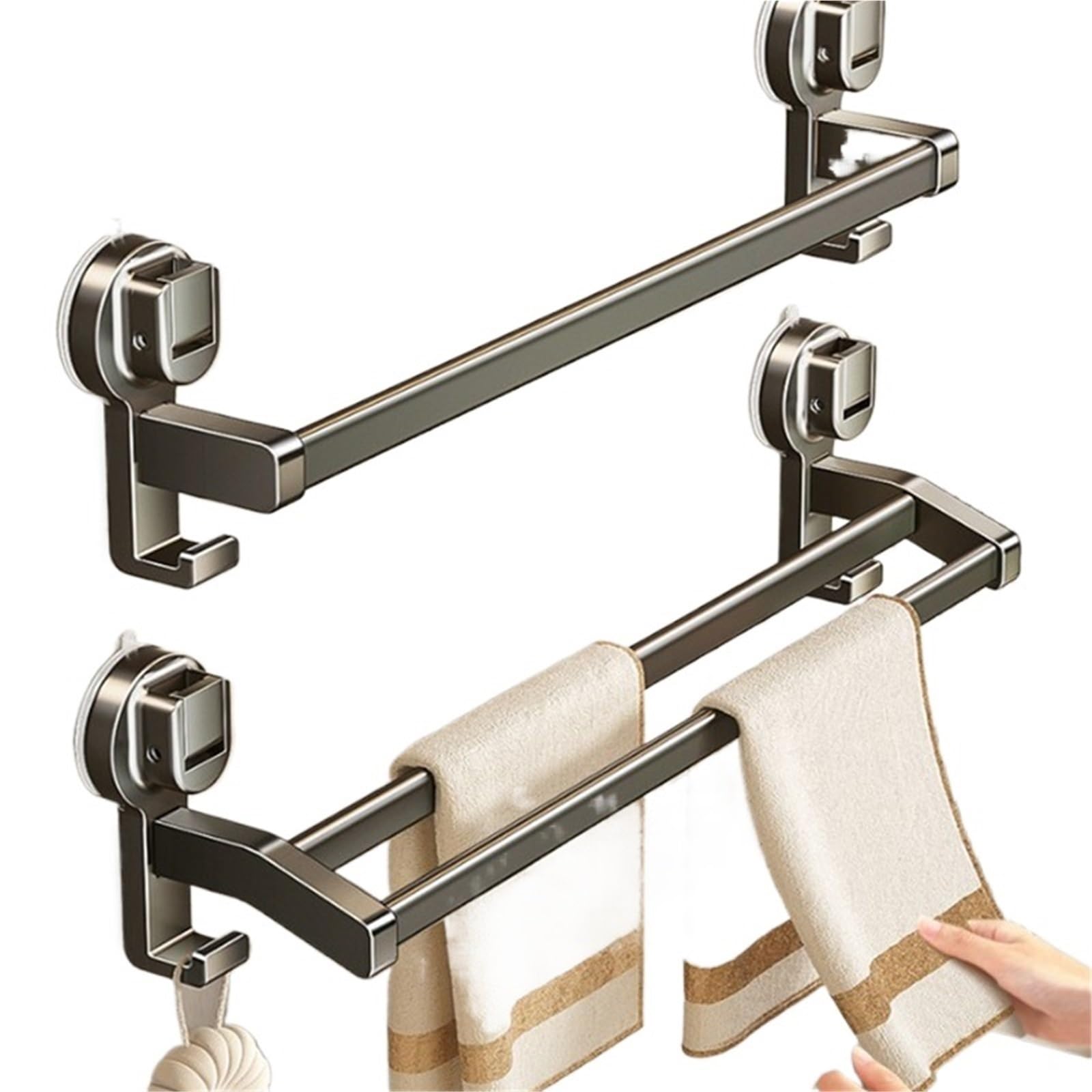Washroom Suction Cup Towel Bar Punch-free Ash Bathroom Double Rod Storage Rack Wall Hanging Slipper Shelf for Bathroom(Grey-40cm-A)
