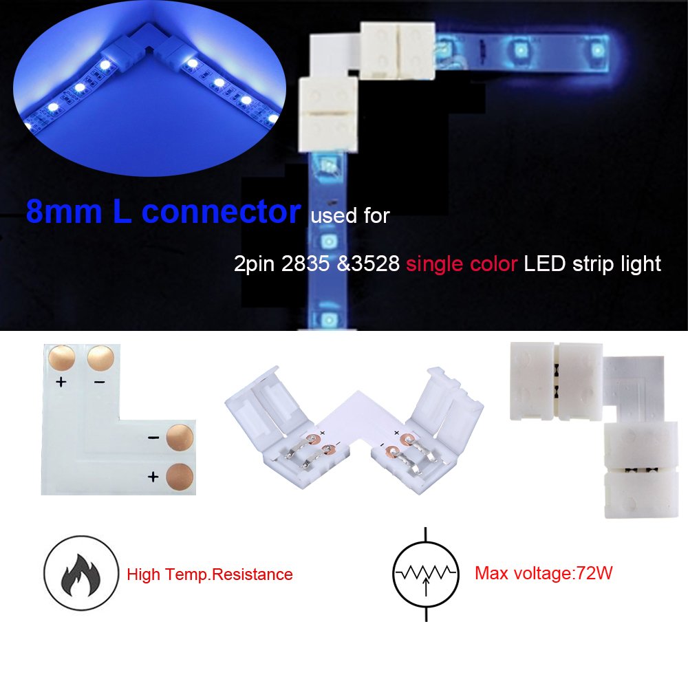 2Pin LED Strip Connector Kit for 8mm LED Light Strip | Include L Shape ,T Shape and Gapless Connector, Strip to Strip Jumper Wire for 2 Pin LED Tape Lights