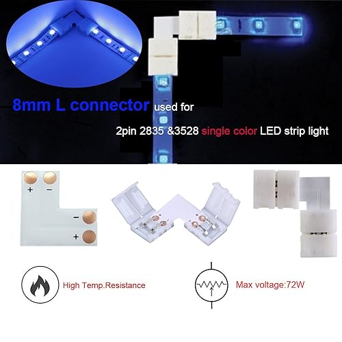 Miniatura 5 de El kit de conector de tira LED de 2 pines de 0.315 in incluye 2 pines en ángulo recto, forma de T y conector sin huecos, cables de puente para luces