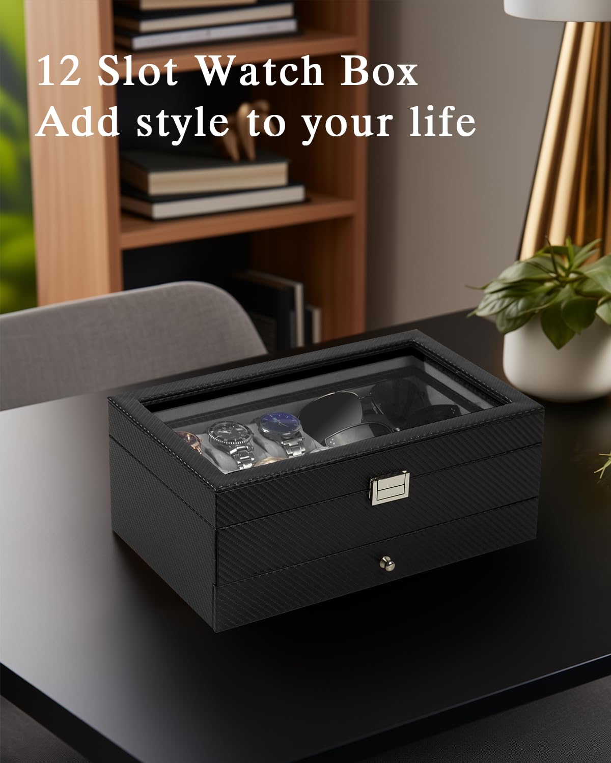 Caja para relojes, estuche para relojes de 6 ranuras, organizador de gafas de 3 compartimentos, joyero para hombre con tapa de cristal transparente, doble capa con cerradura de llave, regalo, negro-