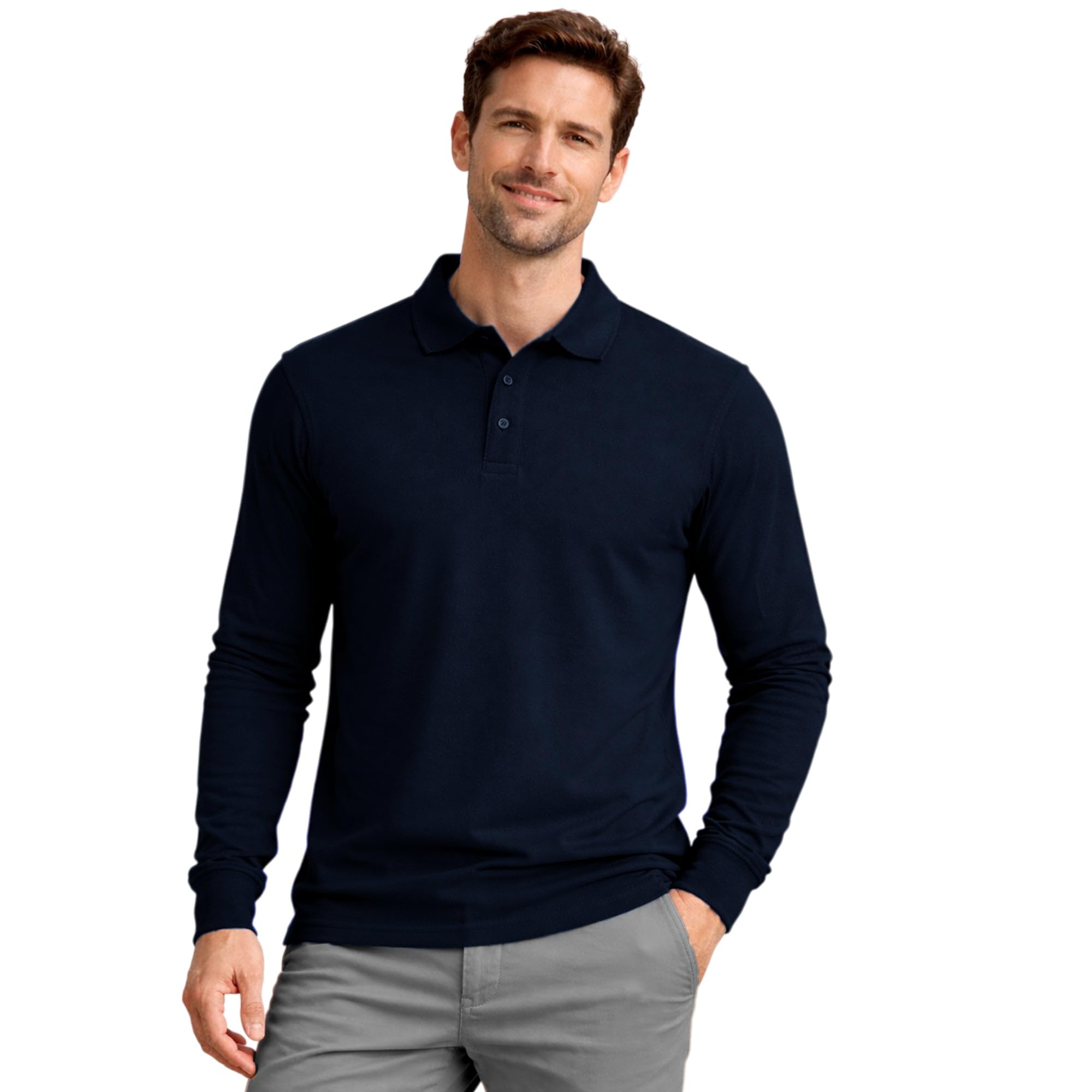 G5 APPAREL Men’s Long Sleeve Cotton Polo Shirt – Classic Regular Fit Polo with Ribbed Collar & Cuffs, 3 Button Placket Navy