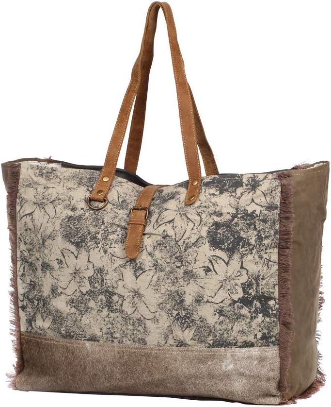 Myra Bag Floweret Upcycled Canvas & Cowhide Leather Weekender Bag S-1274 - Image 4