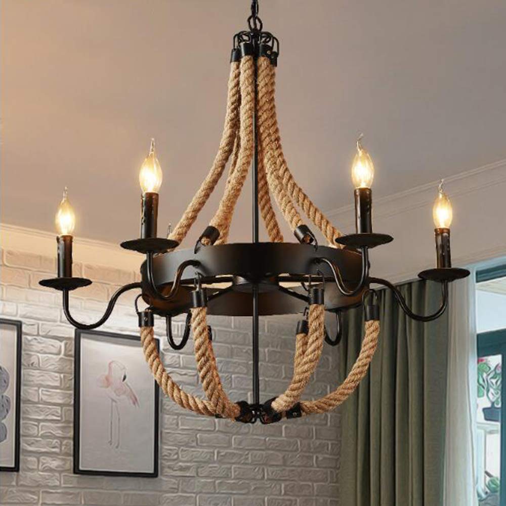 Lámpara De Araña Cuerda De Cáñamo Luz Colgante Rústico E14 Luz De Techo Cuerda Vintage Lámpara Colgante De Metal Industrial Comedor Cocina Sala De Estar Bar Cafe Lámparas Colgantes,6 heads
