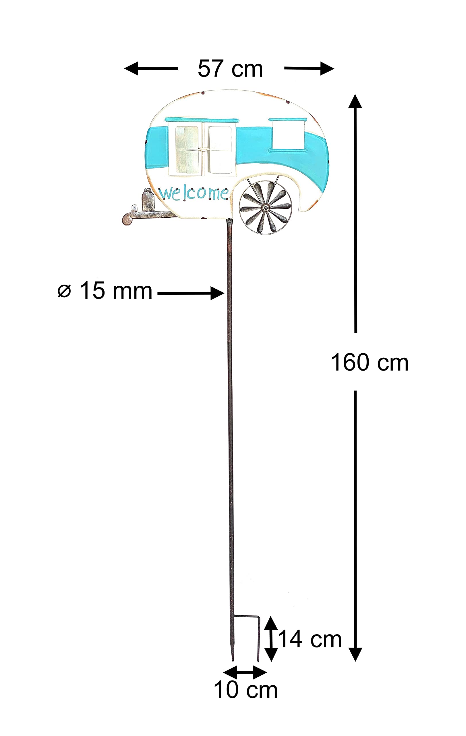 DanDiBo Gartenstecker Metall Wohnwagen XL 160 cm Blau Weiß Caravan 96103 Windspiel Willkommen Windrad Wetterfest Gartendeko Gartenstab Bodenstecker Camper