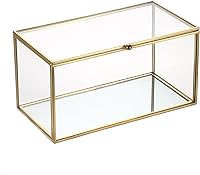 Hipiwe Gold Glass Rectangular Shadow Box - Vintage Jewelry Organizer Display for Keepsakes, Trinkets, Photos, Perfume - 8.3x4.3x4.3"