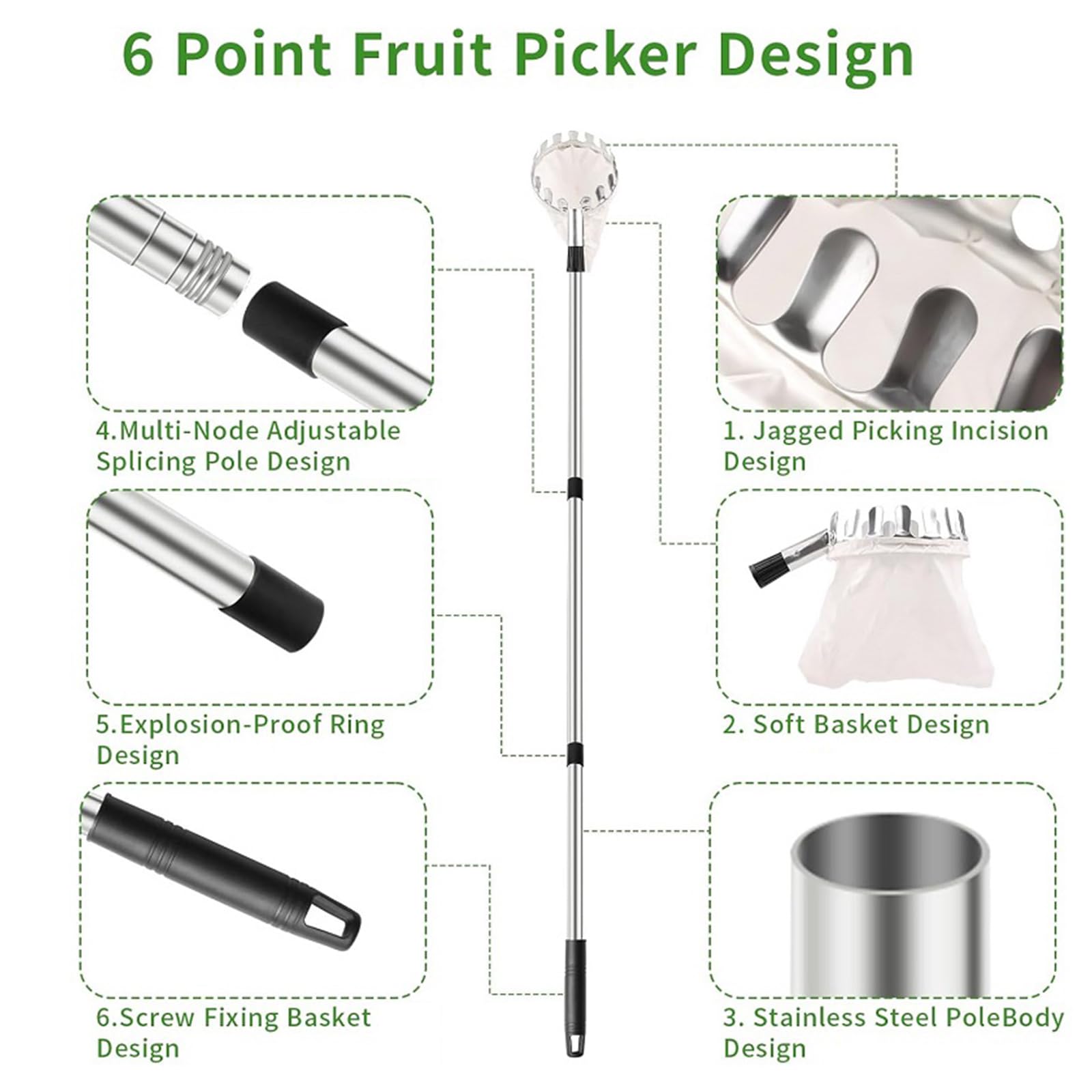 Herramienta de recolección de frutas comercial, mango ajustable de acero inoxidable y cabeza de metal para recoger árboles Farmpark, recogedor de frutas con cesta extraíble