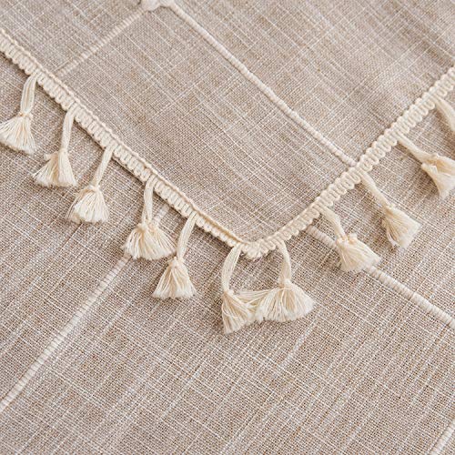 Mokani Washable Cotton Linen Solid Embroidery Checkered Design Tablecloth, Rectangle Table Cover Great for Kitchen Dinning Tabletop Buffet Decoration (55 x 94 Inch, Brown)